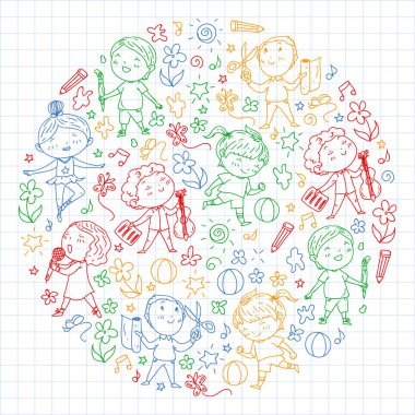 yaratıcı çocuklar dans, şarkı, futbol oynarken, gitar çalmak, keman çalmak, kağıttan model yapmak. kareli dizüstü bilgisayar üzerinde renkli kalem çizim.