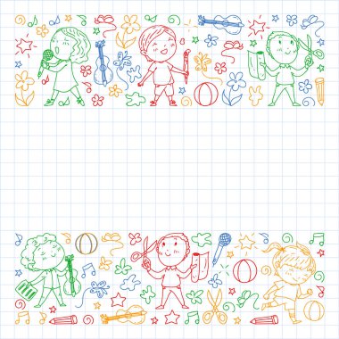 yaratıcı çocuklar dans, şarkı, futbol oynarken, gitar çalmak, keman çalmak, kağıttan model yapmak. kareli dizüstü bilgisayar üzerinde renkli kalem çizim.