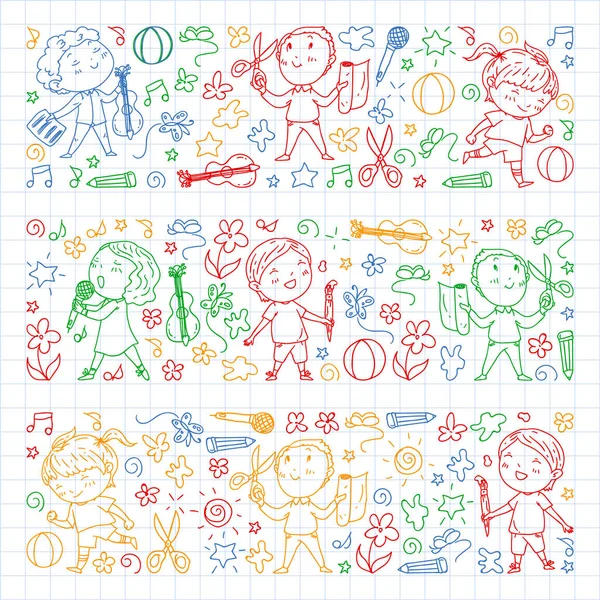 Kreatív gyerekek táncolnak, énekelni, focizni, gitározni, hegedű, így modellek papír. színes toll rajzolás-ra négyzet jegyzetfüzet. — Stock Vector