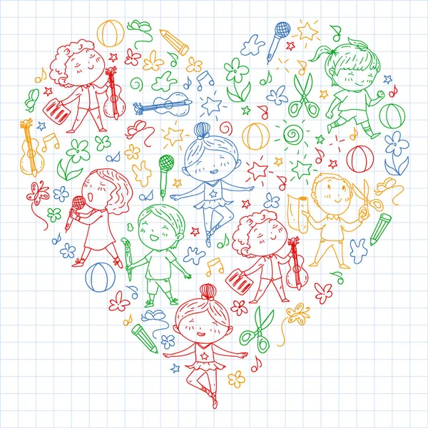 yaratıcı çocuklar dans, şarkı, futbol oynarken, gitar çalmak, keman çalmak, kağıttan model yapmak. kareli dizüstü bilgisayar üzerinde renkli kalem çizim.