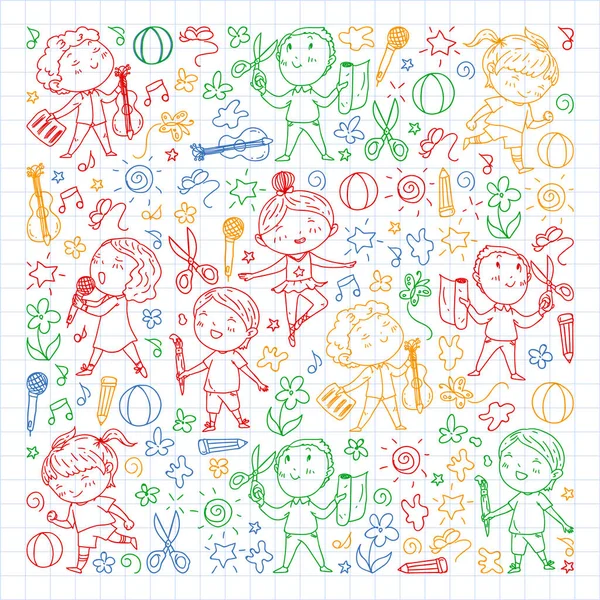 yaratıcı çocuklar dans, şarkı, futbol oynarken, gitar çalmak, keman çalmak, kağıttan model yapmak. kareli dizüstü bilgisayar üzerinde renkli kalem çizim.