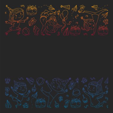 Karikatür tarzında Vektör illüstrasyon, eğlenceli okul öncesi çocuklar atlama aktif şirket, bir partide, doğum günü. degrade, kara tahta üzerinde çizim.