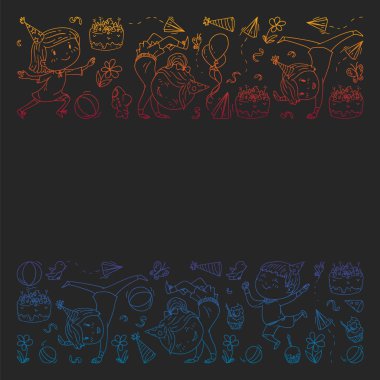 Karikatür tarzında Vektör illüstrasyon, eğlenceli okul öncesi çocuklar atlama aktif şirket, bir partide, doğum günü. degrade, kara tahta üzerinde çizim.