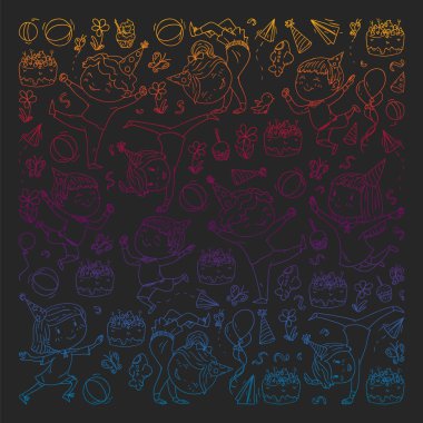 Karikatür tarzında Vektör illüstrasyon, eğlenceli okul öncesi çocuklar atlama aktif şirket, bir partide, doğum günü. degrade, kara tahta üzerinde çizim.