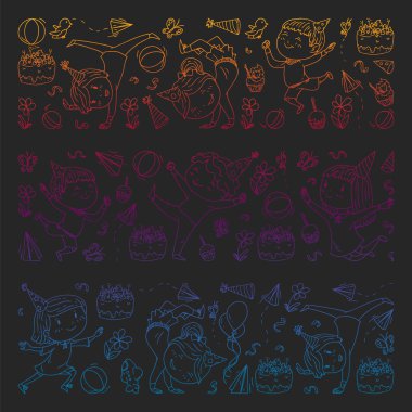 Karikatür tarzında Vektör illüstrasyon, eğlenceli okul öncesi çocuklar atlama aktif şirket, bir partide, doğum günü. degrade, kara tahta üzerinde çizim.