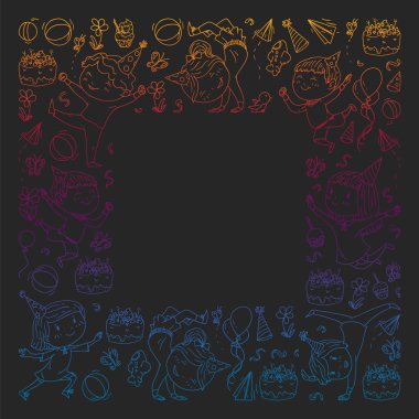 Karikatür tarzında Vektör illüstrasyon, eğlenceli okul öncesi çocuklar atlama aktif şirket, bir partide, doğum günü. degrade, kara tahta üzerinde çizim.