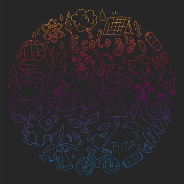 Vektör logosu, tasarım ve rozet trendy çizim tarzı - sıfır atık kavramı, geri dönüşüm ve yeniden, azaltmak - ekolojik yaşam tarzı ve sürdürülebilir gelişmeler simgeleri, siyah arka plan üzerinde renkli gradyan.