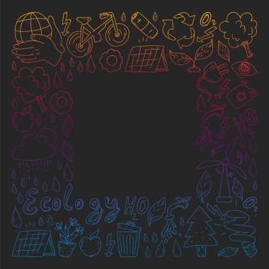 Vektör logosu, tasarım ve rozet trendy çizim tarzı - sıfır atık kavramı, geri dönüşüm ve yeniden, azaltmak - ekolojik yaşam tarzı ve sürdürülebilir gelişmeler simgeleri, siyah arka plan üzerinde renkli gradyan.