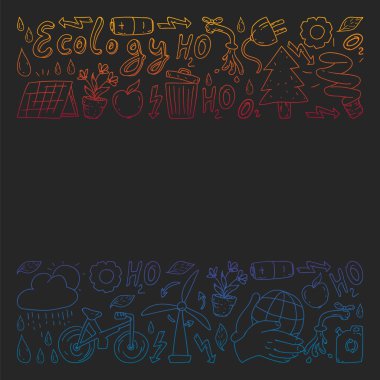 Vektör logosu, tasarım ve rozet trendy çizim tarzı - sıfır atık kavramı, geri dönüşüm ve yeniden, azaltmak - ekolojik yaşam tarzı ve sürdürülebilir gelişmeler simgeleri, siyah arka plan üzerinde renkli gradyan.