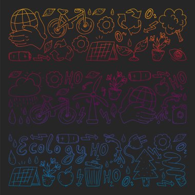 Vektör logosu, tasarım ve rozet trendy çizim tarzı - sıfır atık kavramı, geri dönüşüm ve yeniden, azaltmak - ekolojik yaşam tarzı ve sürdürülebilir gelişmeler simgeleri, siyah arka plan üzerinde renkli gradyan.