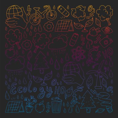 Vektör logosu, tasarım ve rozet trendy çizim tarzı - sıfır atık kavramı, geri dönüşüm ve yeniden, azaltmak - ekolojik yaşam tarzı ve sürdürülebilir gelişmeler simgeleri, siyah arka plan üzerinde renkli gradyan.