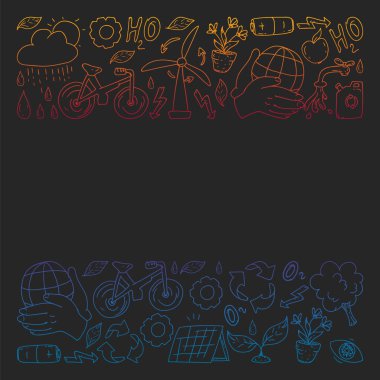 Vektör logosu, tasarım ve rozet trendy çizim tarzı - sıfır atık kavramı, geri dönüşüm ve yeniden, azaltmak - ekolojik yaşam tarzı ve sürdürülebilir gelişmeler simgeleri, siyah arka plan üzerinde renkli gradyan.