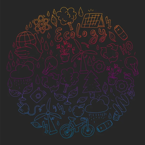 Vektör logosu, tasarım ve rozet trendy çizim tarzı - sıfır atık kavramı, geri dönüşüm ve yeniden, azaltmak - ekolojik yaşam tarzı ve sürdürülebilir gelişmeler simgeleri, siyah arka plan üzerinde renkli gradyan.