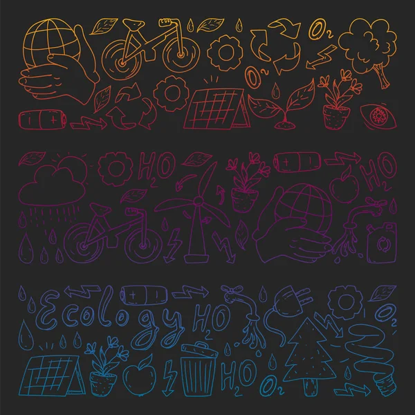 Vektör logosu, tasarım ve rozet trendy çizim tarzı - sıfır atık kavramı, geri dönüşüm ve yeniden, azaltmak - ekolojik yaşam tarzı ve sürdürülebilir gelişmeler simgeleri, siyah arka plan üzerinde renkli gradyan.