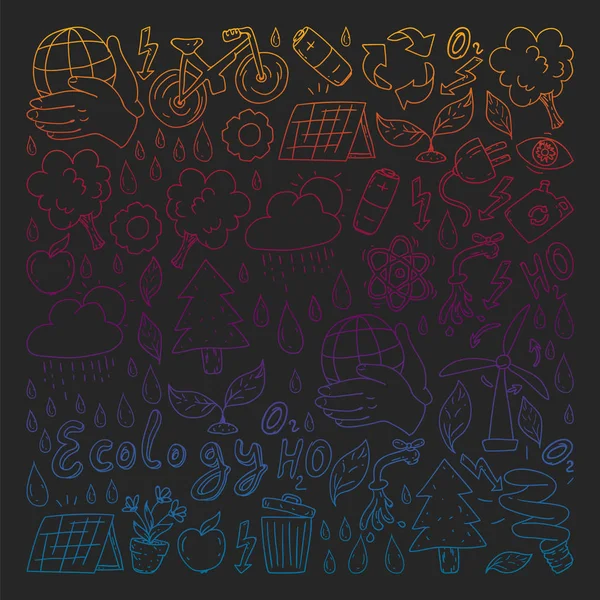 Vektör logosu, tasarım ve rozet trendy çizim tarzı - sıfır atık kavramı, geri dönüşüm ve yeniden, azaltmak - ekolojik yaşam tarzı ve sürdürülebilir gelişmeler simgeleri, siyah arka plan üzerinde renkli gradyan.