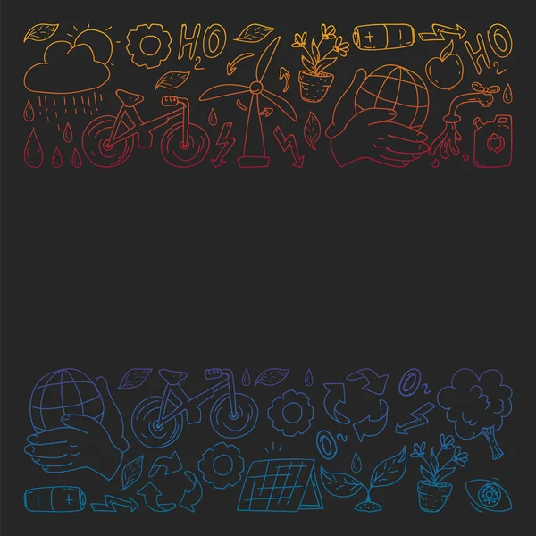 Vektör logosu, tasarım ve rozet trendy çizim tarzı - sıfır atık kavramı, geri dönüşüm ve yeniden, azaltmak - ekolojik yaşam tarzı ve sürdürülebilir gelişmeler simgeleri, siyah arka plan üzerinde renkli gradyan.