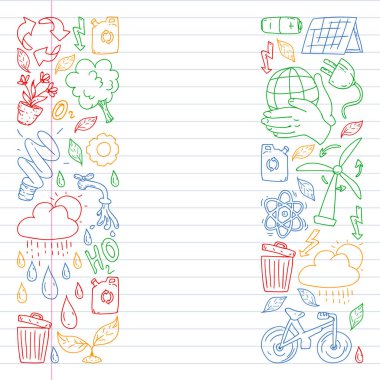 Vektör logosu, tasarım ve rozet trendy çizim tarzı - sıfır atık kavramı, geri dönüşüm ve yeniden, azaltmak - ekolojik yaşam tarzı ve sürdürülebilir gelişmeler simgeleri. Alıştırma kitabı çizimi.