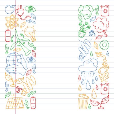 Vektör logosu, tasarım ve rozet trendy çizim tarzı - sıfır atık kavramı, geri dönüşüm ve yeniden, azaltmak - ekolojik yaşam tarzı ve sürdürülebilir gelişmeler simgeleri. Alıştırma kitabı çizimi.