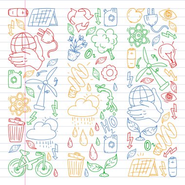 Vektör logosu, tasarım ve rozet trendy çizim tarzı - sıfır atık kavramı, geri dönüşüm ve yeniden, azaltmak - ekolojik yaşam tarzı ve sürdürülebilir gelişmeler simgeleri. Alıştırma kitabı çizimi.