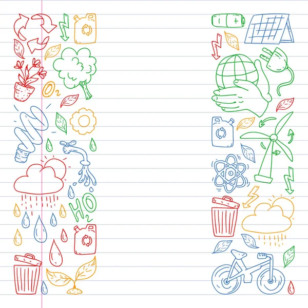 Logo vectoriel, design et badge dans un style de dessin tendance - concept zéro déchet, recyclage et réutilisation, réduction - style de vie écologique et icônes du développement durable. Dessin sur cahier d'exercices . — Image vectorielle