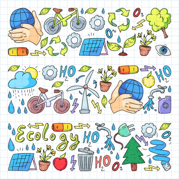 Logo vectoriel, design et badge dans un style de dessin tendance - concept zéro déchet, recyclage et réutilisation, réduction - style de vie écologique et icônes du développement durable. Dessin sur carnet carré . — Image vectorielle