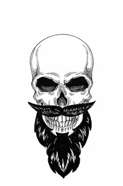 Sakallı kafatası monokrom illüstrasyon berber dükkanı, bıyık, hipster ve beyaz arka plan, karikatür, kızgın, güzel, acımasız.