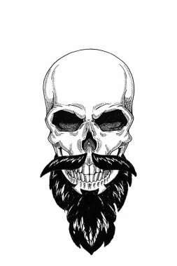 Sakallı kafatası monokrom illüstrasyon berber dükkanı, bıyık, hipster ve beyaz arka plan, karikatür, kızgın, güzel, acımasız.