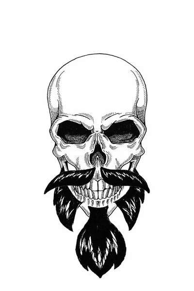 Svartvit illustration barbershop av skalle med skägg, mustasch, hipster och på vit bakgrund, tecknad, arg, vacker, Brutal. — Stockfoto