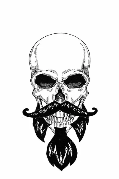 Ilustración monocromática barbería de cráneo con barba, bigote, hipster y sobre fondo blanco, dibujos animados, enojado, hermoso, brutal . —  Fotos de Stock