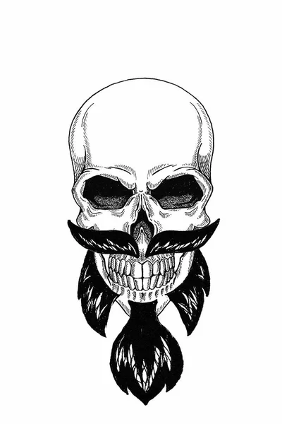 Monochrome illustration barbershop of skull with beard, mustache, hipster and on white background, cartoon, angry, beautiful, brutal. — Stock Photo, Image