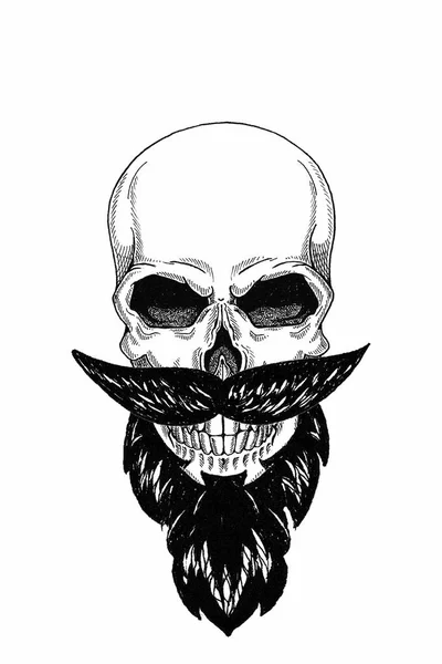 Монохромная иллюстрация парикмахерская черепа с бородой, усами, хипстером и на белом фоне, мультфильм, сердитый, красивый, жестокий . — стоковое фото