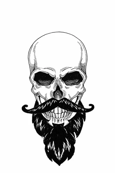 Monocromático ilustração barbearia de crânio com barba, bigode, hipster e no fundo branco, desenho animado, irritado, bonito, brutal . — Fotografia de Stock