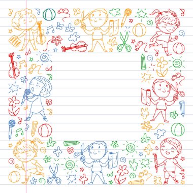 Yaratıcı çocuklar dans eder, şarkı çalar, futbol oynar, gitar çalar, keman çalar, kağıttan model ler yap. Beyaz tahta üzerinde renkli çizim. Alıştırma kitabı çizimi.