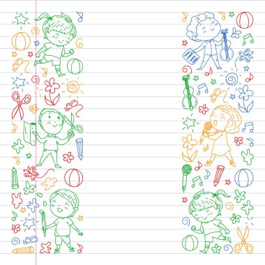 Yaratıcı çocuklar dans eder, şarkı çalar, futbol oynar, gitar çalar, keman çalar, kağıttan model ler yap. Beyaz tahta üzerinde renkli çizim. Alıştırma kitabı çizimi.