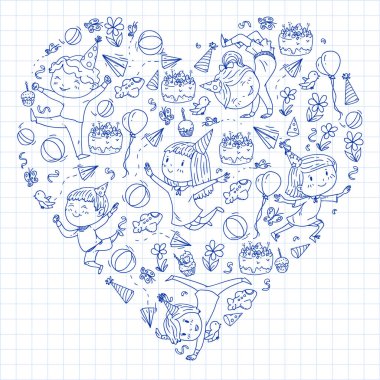 Karikatür tarzında Vektör illüstrasyon, eğlenceli okul öncesi çocuklar atlama aktif şirket, bir partide, doğum günü. Kareli not defterinde kalem çizimi.