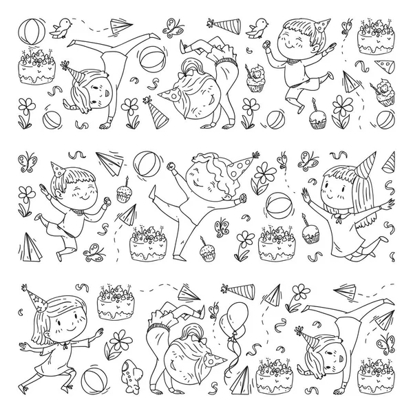 Ilustración vectorial en estilo de dibujos animados, compañía activa de niños preescolares juguetones saltando, en una fiesta, cumpleaños. Estilo monocromo en color blanco y negro . — Archivo Imágenes Vectoriales