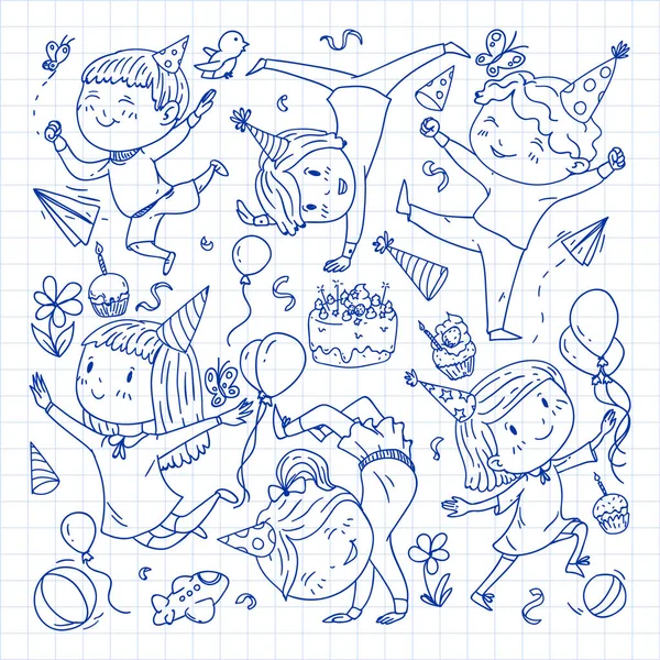 Ilustración vectorial en estilo de dibujos animados, compañía activa de niños preescolares juguetones saltando, en una fiesta, cumpleaños. Pluma de dibujo en cuaderno cuadrado . — Archivo Imágenes Vectoriales