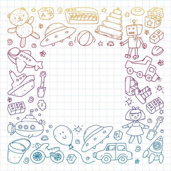 Patrón vectorial con jardín de infantes, niños de juguete. Ilustración de niños felices. Dibujo de degradado en un cuaderno en un cuaderno cuadrado. — Archivo Imágenes Vectoriales