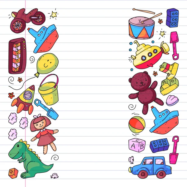 Modèle vectoriel avec jardin d'enfants, enfants jouets. Illustration des enfants heureux. Dessin sur carnet d'exercices . — Image vectorielle