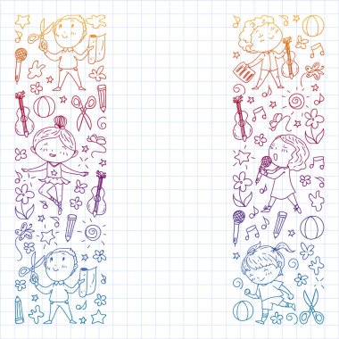 yaratıcı çocuklar dans, şarkı, futbol oynarken, gitar çalmak, keman çalmak, kağıttan model yapmak. Kareli not defterine degrade çizimi.