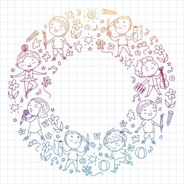 yaratıcı çocuklar dans, şarkı, futbol oynarken, gitar çalmak, keman çalmak, kağıttan model yapmak. Kareli not defterine degrade çizimi.