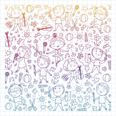 yaratıcı çocuklar dans, şarkı, futbol oynarken, gitar çalmak, keman çalmak, kağıttan model yapmak. Kareli not defterine degrade çizimi.