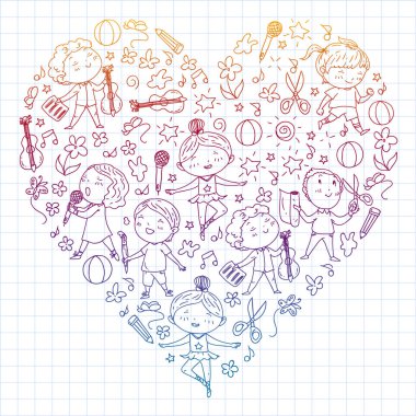 yaratıcı çocuklar dans, şarkı, futbol oynarken, gitar çalmak, keman çalmak, kağıttan model yapmak. Kareli not defterine degrade çizimi.