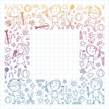yaratıcı çocuklar dans, şarkı, futbol oynarken, gitar çalmak, keman çalmak, kağıttan model yapmak. Kareli not defterine degrade çizimi.