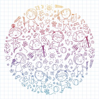 yaratıcı çocuklar dans, şarkı, futbol oynarken, gitar çalmak, keman çalmak, kağıttan model yapmak. Kareli not defterine degrade çizimi.