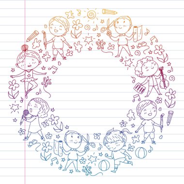 Yaratıcı çocuklar dans eder, şarkı çalar, futbol oynar, gitar çalar, keman çalar, kağıttan model ler yap. Alıştırma not defterine degrade çizimi.