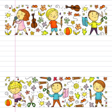 Yaratıcı çocuklar dans eder, şarkı çalar, futbol oynar, gitar çalar, keman çalar, kağıttan model ler yap. Egzersiz not defteriüzerine çizim.