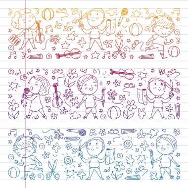 Yaratıcı çocuklar dans eder, şarkı çalar, futbol oynar, gitar çalar, keman çalar, kağıttan model ler yap. Alıştırma not defterine degrade çizimi.