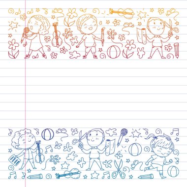 Yaratıcı çocuklar dans eder, şarkı çalar, futbol oynar, gitar çalar, keman çalar, kağıttan model ler yap. Alıştırma not defterine degrade çizimi.