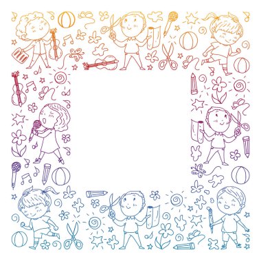 yaratıcı çocuklar dans, şarkı, futbol oynarken, gitar çalmak, keman çalmak, kağıttan model yapmak. Degrade çizimi.